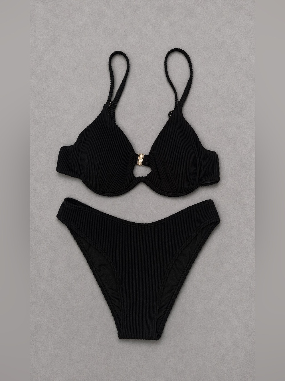 NWOT Fanuerg Womens Underwire Triangle Ribbed Bikini Set Black Size XS Swimsuit